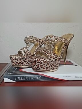 Leopard Print Stiletto Heels with Rhinestone Accents